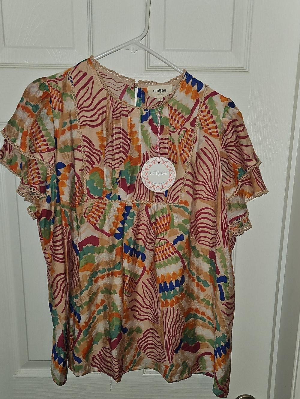 Umgee Multicolor Floral Wave Print Ruffled Sleeve Top